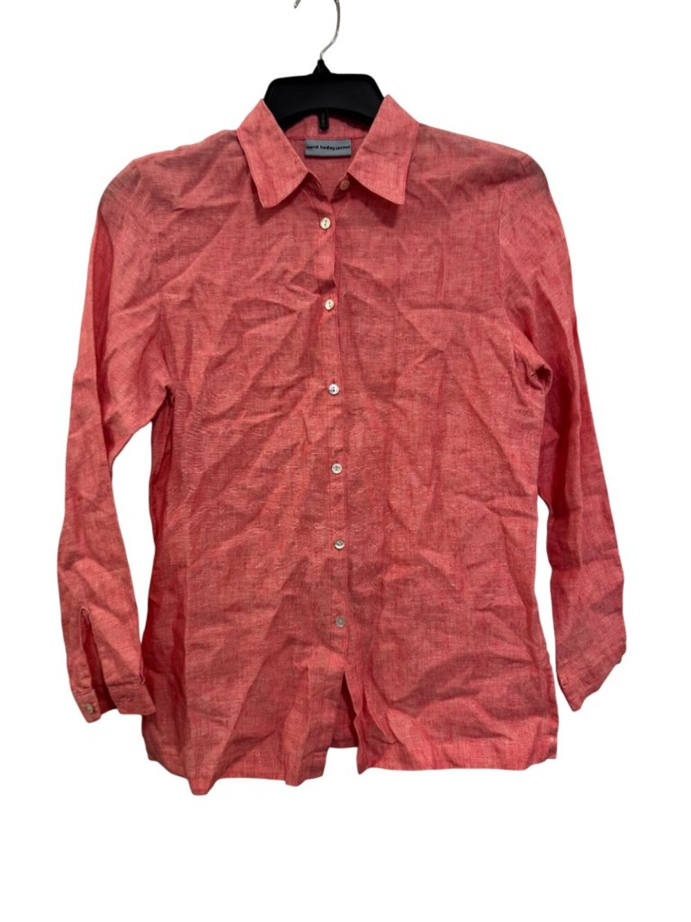 Marsh Landing Petites 100% Linen Coral Button-Up Shirt With Long Sleeves PS